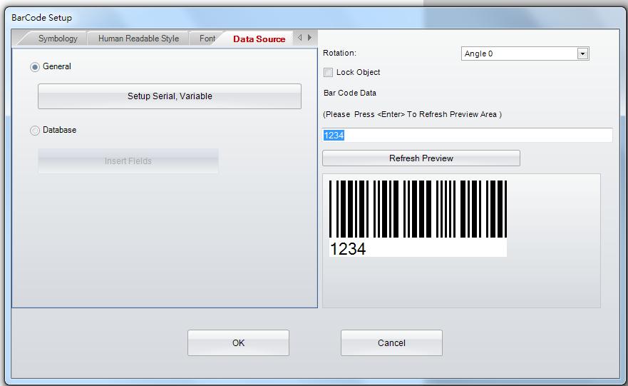 4) Data Source In the sub dialog Data Source, user can select where the data source will be linked to Barcode - General or Database General: it select where the Data Source of Barcode is coming from,