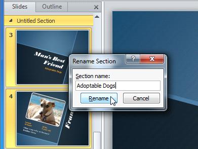 Renaming a section 6. Enter your new section name in the dialog box. Then click Rename. Rename Section dialog box 7.