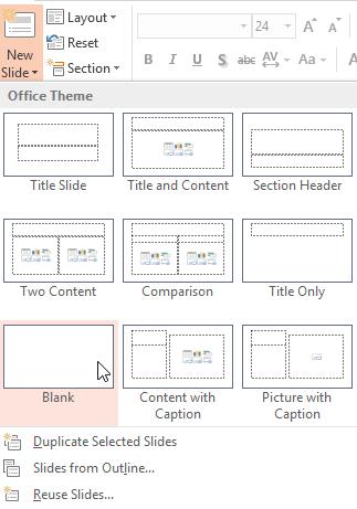 Using blank slides If you want even more control over your content, you may prefer to use a blank slide, which contains no placeholders.