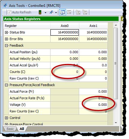Step 9: Test Feedback Device Verify Feedback 1. In the Axis Status Registers pane, on the All tab, expand the Feedback section. For secondary inputs, expand the Pressure/Force/Accel Feedback section.