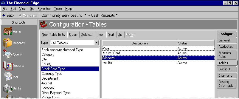 C ASH RECEIPTS CONFIGURATION 15 6. To save the new table entry and return to the Tables page, click OK. The new entry appears above the selected entry.