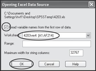User Services Importing an Excel Spreadsheet 3. This will result in the Opening Excel Data Source dialog box. Check to Read the variable names from the first row of data.