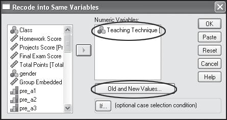 Note that the previous variables that were recoded need to be moved out as well as the the four pairs of Old and New values. Follow the same process for section (Teaching Technique).