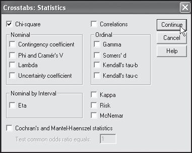 User Services SPSS Output Viewer 3. The Statistics button allows you choose the statistics you want reported with the cross-tabs table.