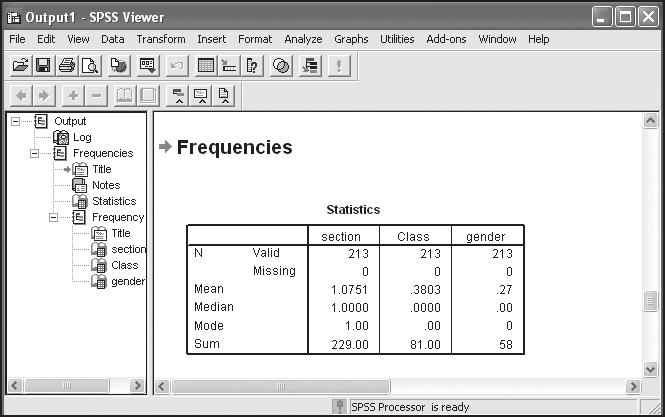User Services SPSS Interface SPSS Window Viewer Used to display results. 2. The left pane is the outline pane. It displays an outline of the contents. 3. 4.