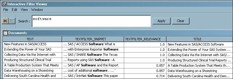 Select the Text Filter node, and then click the ellipsis button for the Filter Viewer property. In the Interactive Filter Viewer, type software in the Search text box, and click Apply.