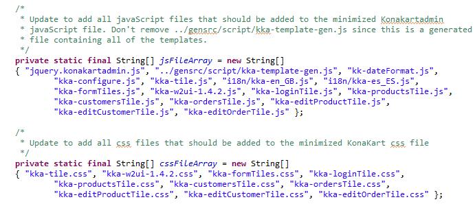 JavaScript and CSS files that are added to the minimized files are defined in Static variables within TileBuildUtils.