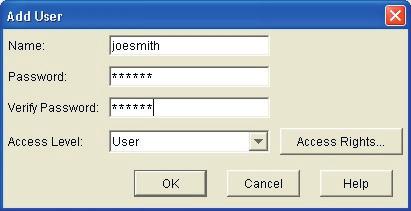 10: User Access Rights Dialog Box b. Select a server in the left column for which this user should have access rights. Select the Add button. c. Select a server in the right column from which to remove a user s access rights.