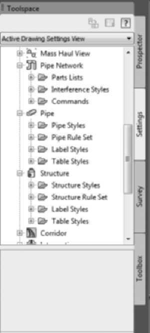 418 Harnessing AutoCAD Civil 3D 2011 FIGURE 11.5 Parts lists for any one system should include typical structures and pipe sizes.