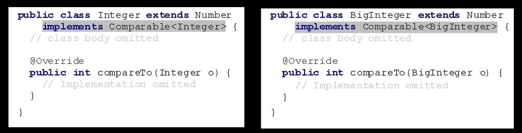Integer and BigInteger Classes Example 1 2 3 4 5 System.out.println(new Integer(3).compareTo(new Integer(5))); System.out.println("ABC".compareTo("ABE")); java.util.date date1 = new java.util.date(2013, 1, 1); java.