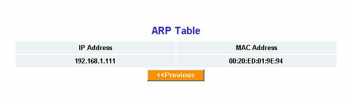 ARP Table Tab The ARP Table displays the associated MAC address and IP address pairs of your local network devices. In the example below, only the BR30N-RH Router is in the ARP Table.