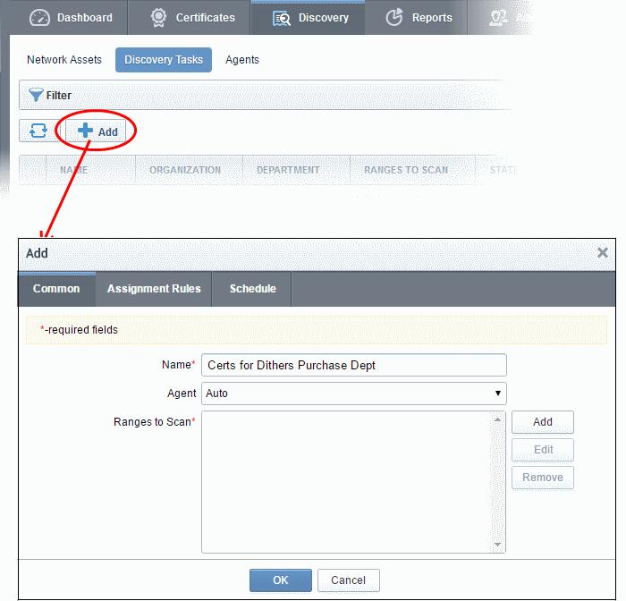 Enter a name for identifying the discovery task in the Name field Leave 'Agent' at the default 'Auto' setting.