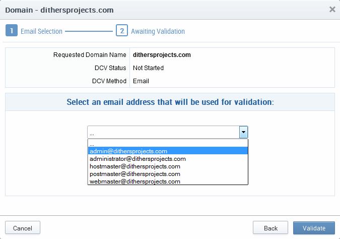 3. Select the email address of the administrator who can receive and respond to the validation mail from the drop-down and click 'Validate'.