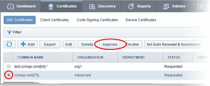 Enter a message that will be sent along with the approval notification email. Click 'OK'. Once the Administrator has approved the request, the certificate status will change to 'Approved'.