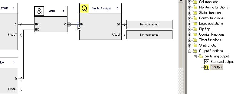Drag the logic function "AND" from the list to the work area and link the outputs Q of the monitoring modules with the
