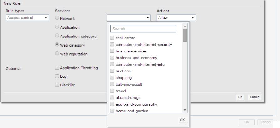 Figure 71 b. Select the categories to which you want to deny or allow access. You can also search for a web category and select the required option. c. From the Action drop-down, select Allow or Deny as required.