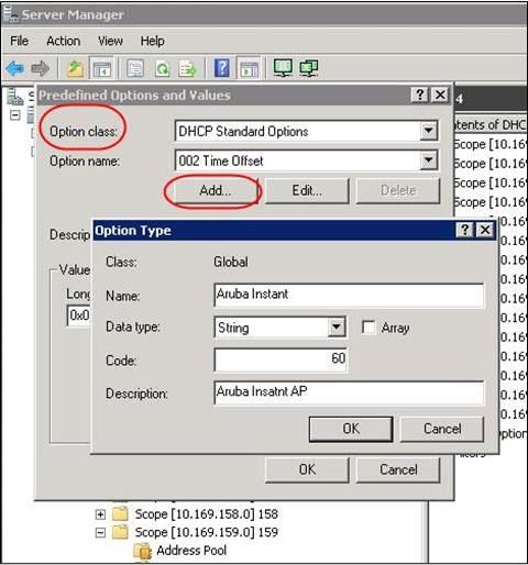 Figure 85 Instant and DHCP options for AirWave: Predefined Options and Values 5. Navigate to Server Manager and select Server Options in the IPv4 window. (This sets the value globally.