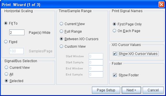 Analyzer Menu Features R Print Wizard (1 of 3) Window The first Print Wizard window (shown in Figure 4-6) is used to set up various waveform printing options.