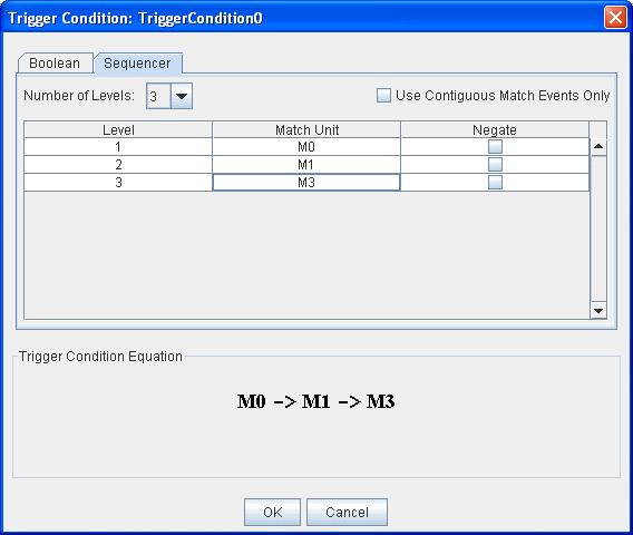 Analyzer Menu Features R The Sequencer tab of the Trigger Condition dialog box has a combo box from which you can select the number of levels in the trigger sequence and a table listing all the