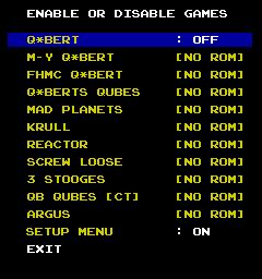 GAME ENABLE MENU This menu allows loaded games to be displayed as options on the main game menu. If a game ROM has not been loaded that game will display [NO ROM] and cannot be selected.