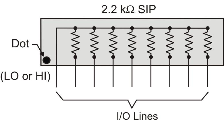 PCI-DDA08/16 User's Guide Functional Details Figure 4. Eight-Resistor SIP Schematic You can install the SIP as either pull-up or pull-down. At each location there are 10 holes in a line.
