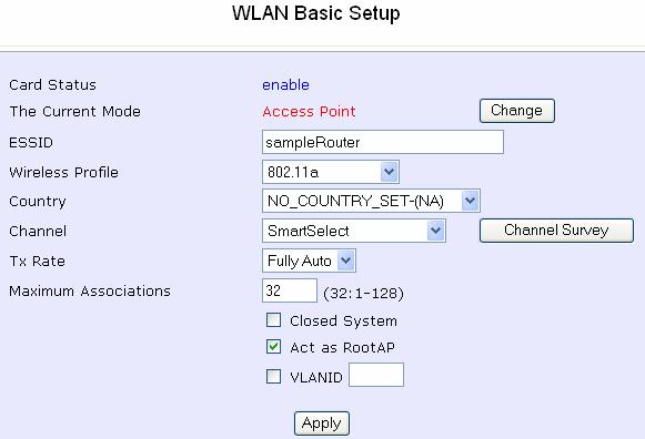 Follow these steps to setup RootAP Click on WLAN Setup from the CONFIGURATION menu.