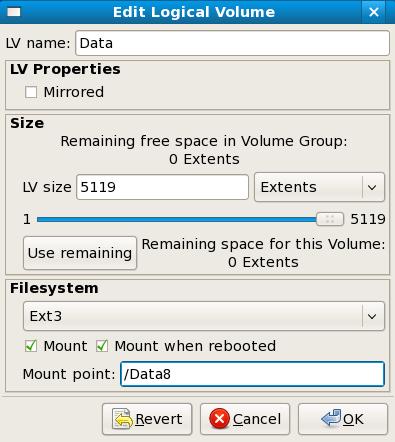 7. Modify only the Filesystem fields on the Edit Logical Volume pop-up window