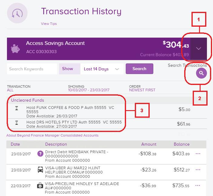 Accounts 12 Transaction History See the screen shot below, and over the page a description of what happens when option 1, 2 or 3 is selected.