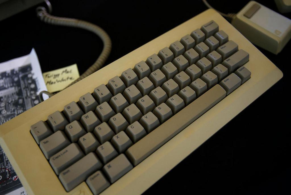 A keyboard from a prototype Macintosh 128K with a Twiggy disk drive