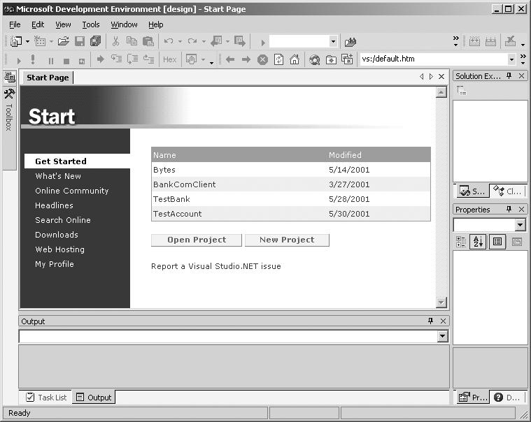 Chapter. 03 9/17/01 6:08 PM Page 36 36 Chapter 3 Visual Studio.NET Figure 3 1 Visual Studio.NET main window.