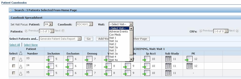 The Sub-Study ecrf at Visit 1 indicates whether the patient will be participating in the sub-study observe the differences in the visit drop-down list and the PK ecrf shown in the screenshots