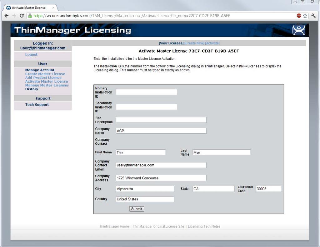 Activate Master License Page Activation requires the entry of the Installation ID of the ThinManager Servers that the master license will be installed