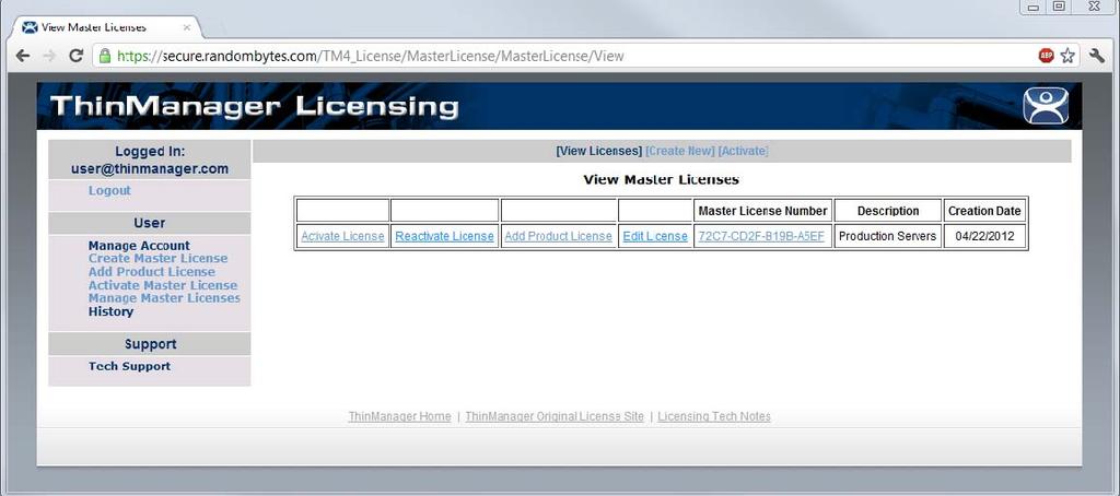 4.2.1.11 Download the Master License Download the master license by selecting the Manage Master Licenses link from the main menu.