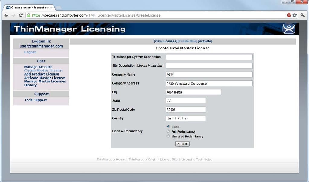 License Site Main Screen The ThinManager Licensing site has a sidebar with 6 functions: Logout This will log you out of the site and end your session.