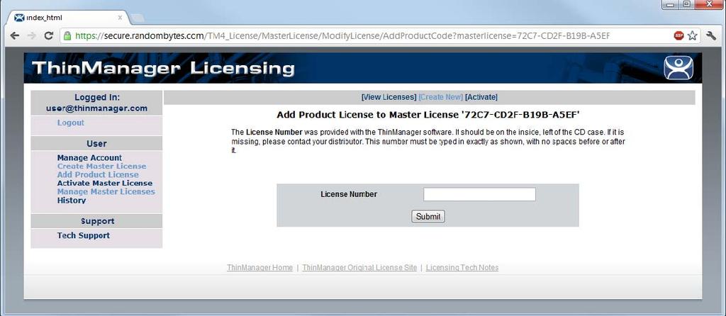 Add Product License This link will allow a product code of a license to be added to the master license. See Add Product License for details.
