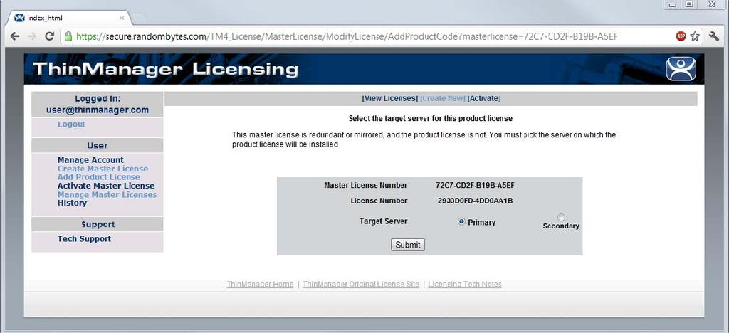 When a product code of a license is successfully added to the master license the web site will show a confirmation message.