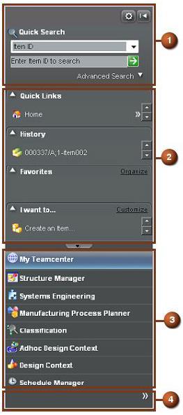 Teamcenter Pane Navigation Pane 16 1 Quick Search Quick Search - Allows you to make a simple search for items and datasets by item ID, keyword, item name, or dataset name.