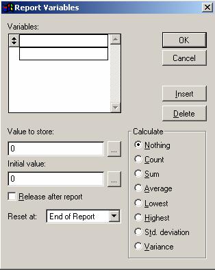 Variables Report variables allow you to define calculations to be performed for every record. This can be used, for example, for running totals.