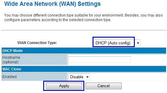 At WAN Connection Type, choose DHCP (Auto Config), and click Apply button. The H700 router will automatically connect the WiFi Router and get local IP from the wifi router.