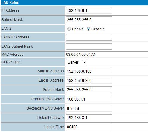 Setting the LAN parameters, include IP address, sub mask, VLAN, DHCP, etc.