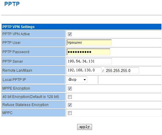 PPTP feature works as Client only. PPTP VPN Active: tick it to enable VPN feature. PPTP User: fill in the right username, which is from the PPTP Server.