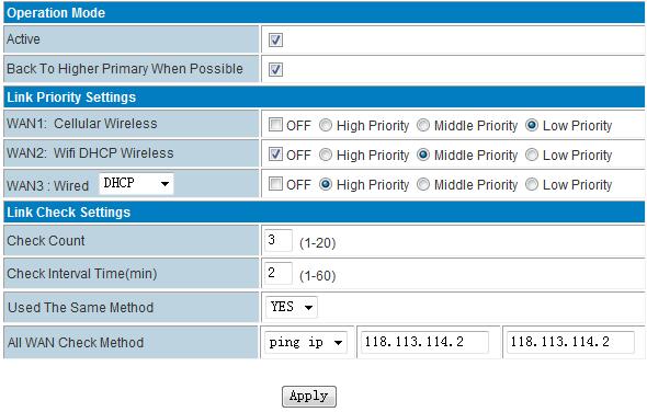 B. Cellular as High Priority, DHCP as Low Priority With this configuration, the router will work at cellular mainly, and if cellular is failed, it
