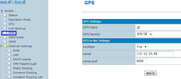 WAN Connection Type GPS Active: please click it once you need use GPS feature. GPS Send to: Choose Serial or TCP/IP method. The router only receives the GPS signal, will not process it.