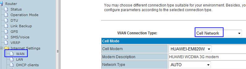 network state of 2G/3G. 0 and 99 mean no signal. Cell state: indicates the cellular is online or offline Internet Configurations Connected Type: indicates the selected WAN type.