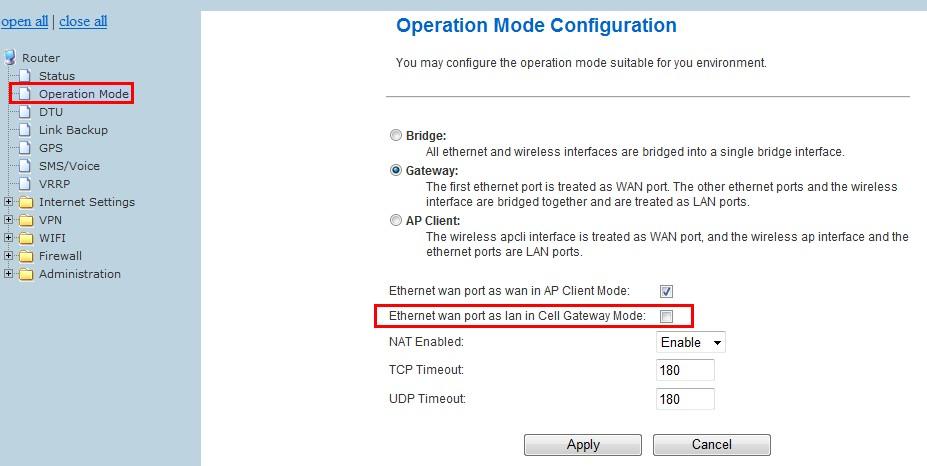 Check the Ethernet WAN Port as lan in Cell Gateway Mode:, click the Apply button,