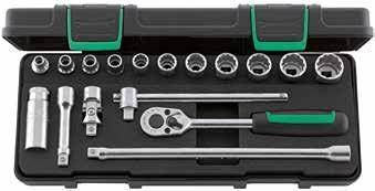 1 universal joint No 428 Socket Set 3/8" Metric 3812-0457 SOCKET SET 3/8" INCH in sturdy, stackable ABS plastic case Content: 17 pieces 11 sockets with bi-hexagon No 45a: sizes 1/4; 5/16; 11/32; 3/8;