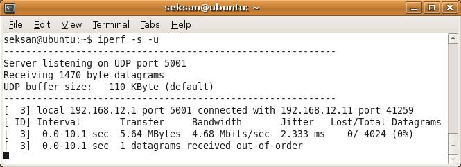 2) Set PC2 as a client (transmitter) by typing >> iperf -c PC1_IPaddress -u -b