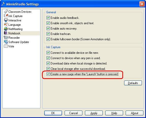 3) Enable Create a new page when the Launch button is pressed option from the Settings dialog box New icon for the eraser tool The eraser icon found on Mimio Tools has been updated with a new image.