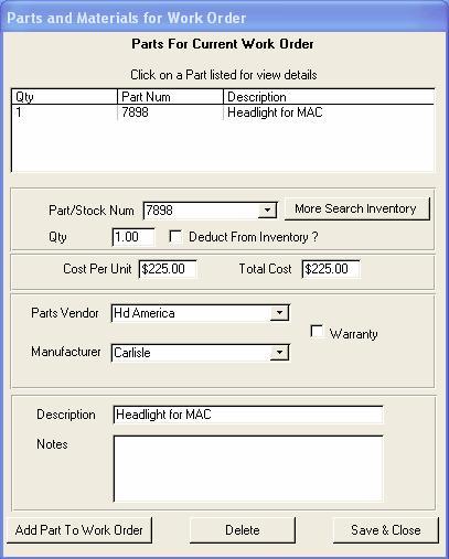 This is the screen that pops up to add Parts or Materials to the Work Order. Parts/Stock Num: Required field. Type in a parts stock number or pick one from the drop down list.