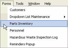 dropdown lists within the program Forms/Parts Inventory Enter: Parts/Stock